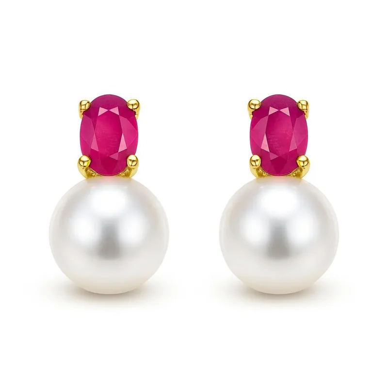 Boucles d oreilles Or Jaune 750 Rubis 4x3mm et Perle 6mm